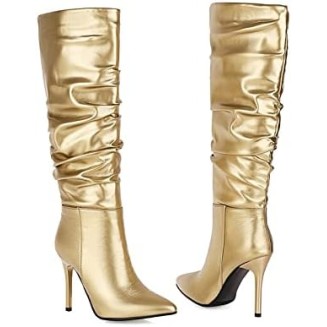 Sexy Knee High Boots Fashion All-Match Women's Boots Pointed Toe Fold Decoration High Boots Thin Bottom Stiletto Heel Winter Women Boots (Color : Gold, Shoe Size : 4.5)