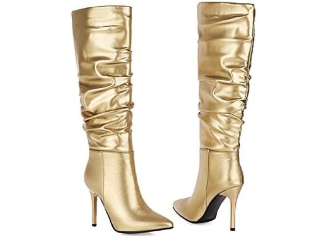 Sexy Knee High Boots Fashion All-Match Women's Boots Pointed Toe Fold Decoration High Boots Thin Bottom Stiletto Heel Winter Women Boots (Color : Gold, Shoe Size : 4.5)