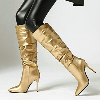 Sexy Knee High Boots Fashion All-Match Women's Boots Pointed Toe Fold Decoration High Boots Thin Bottom Stiletto Heel Winter Women Boots (Color : Gold, Shoe Size : 4.5)