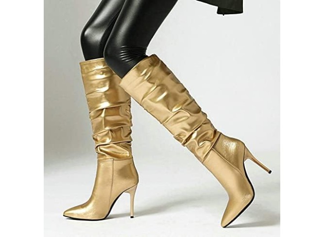 Sexy Knee High Boots Fashion All-Match Women's Boots Pointed Toe Fold Decoration High Boots Thin Bottom Stiletto Heel Winter Women Boots (Color : Gold, Shoe Size : 4.5)