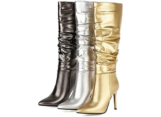 Sexy Knee High Boots Fashion All-Match Women's Boots Pointed Toe Fold Decoration High Boots Thin Bottom Stiletto Heel Winter Women Boots (Color : Gold, Shoe Size : 4.5)