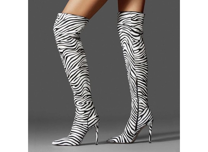 Women's Stiletto High Heel Above The Knee Boots Pointed Toe Thick Thighs Boot with Side Zip Dress Night Club Shoes