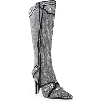 Women's Rhinestone Boots Sparkly Knee High Fashion Pointed Toe Stiletto Heels Short Ankle Booties