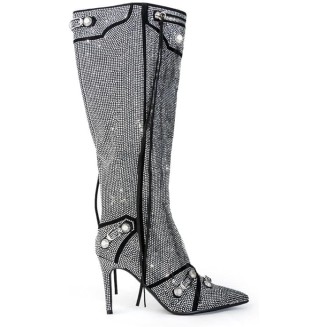 Women's Rhinestone Boots Sparkly Knee High Fashion Pointed Toe Stiletto Heels Short Ankle Booties
