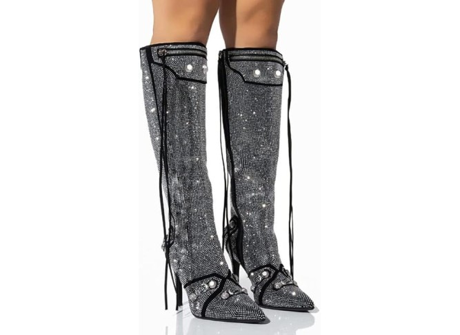 Women's Rhinestone Boots Sparkly Knee High Fashion Pointed Toe Stiletto Heels Short Ankle Booties