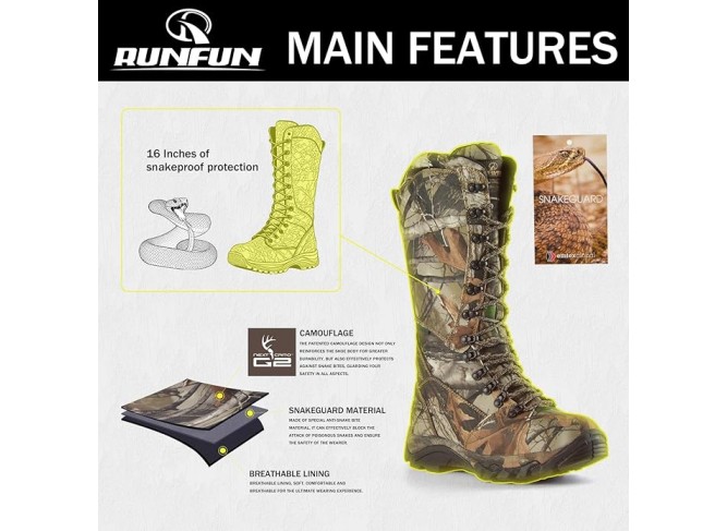 Men's Waterproof Hunting Boots Snakeproof Boots Lightweight Side-Zip Mud Boots, 16 Inches Non-slip Outdoor Shoes
