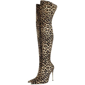 High Heels Women's Over The Knee Boots Stiletto Pointed Toe Leopard Print Pumps Zipper Nightclub Dress Shoes