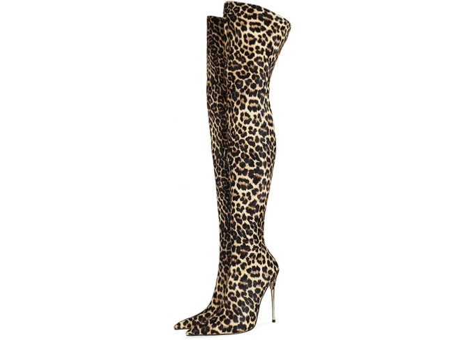 High Heels Women's Over The Knee Boots Stiletto Pointed Toe Leopard Print Pumps Zipper Nightclub Dress Shoes