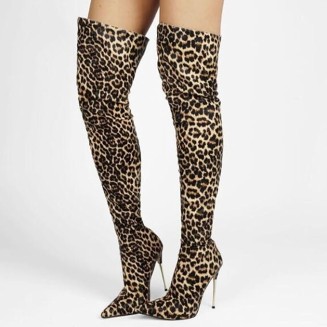 High Heels Women's Over The Knee Boots Stiletto Pointed Toe Leopard Print Pumps Zipper Nightclub Dress Shoes