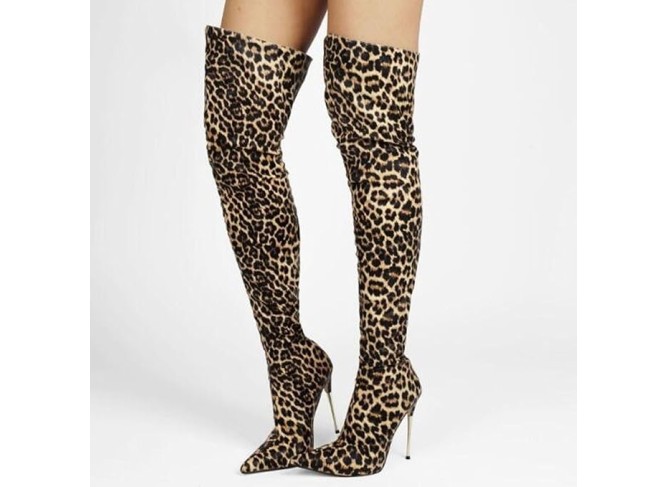 High Heels Women's Over The Knee Boots Stiletto Pointed Toe Leopard Print Pumps Zipper Nightclub Dress Shoes