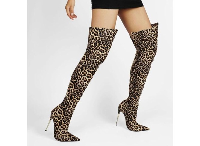 High Heels Women's Over The Knee Boots Stiletto Pointed Toe Leopard Print Pumps Zipper Nightclub Dress Shoes