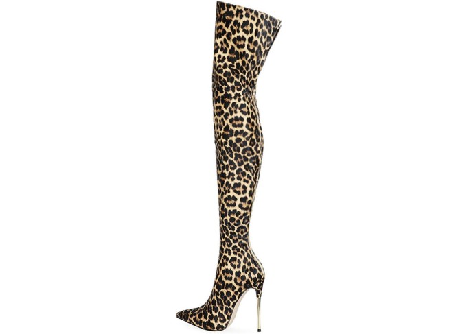High Heels Women's Over The Knee Boots Stiletto Pointed Toe Leopard Print Pumps Zipper Nightclub Dress Shoes