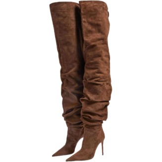 Women's Over The Knee Boots, Ladies Suede Pleats Thigh High Boots Stiletto Heel Pull On Large Tube Pointed Toe Long Boots 10 Cm/3.93 Inches, 41 EU,Brown