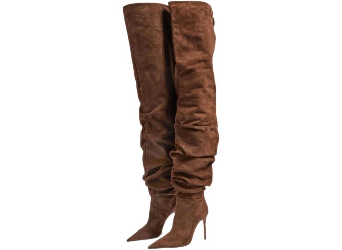 Women's Over The Knee Boots, Ladies Suede Pleats Thigh High Boots Stiletto Heel Pull On Large Tube Pointed Toe Long Boots 10 Cm/3.93 Inches, 41 EU,Brown