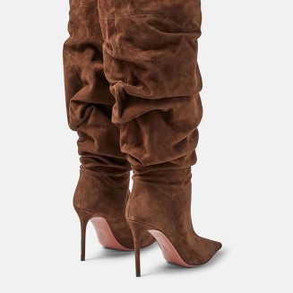Women's Over The Knee Boots, Ladies Suede Pleats Thigh High Boots Stiletto Heel Pull On Large Tube Pointed Toe Long Boots 10 Cm/3.93 Inches, 41 EU,Brown