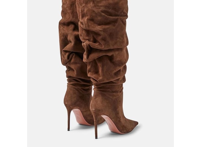 Women's Over The Knee Boots, Ladies Suede Pleats Thigh High Boots Stiletto Heel Pull On Large Tube Pointed Toe Long Boots 10 Cm/3.93 Inches, 41 EU,Brown