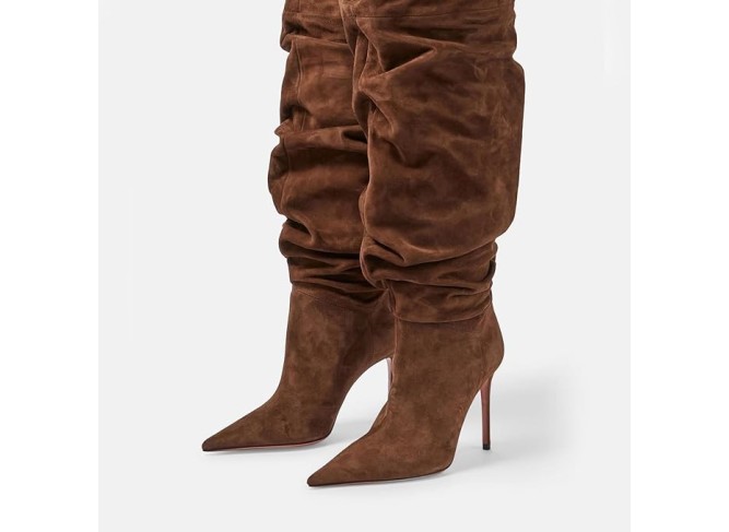 Women's Over The Knee Boots, Ladies Suede Pleats Thigh High Boots Stiletto Heel Pull On Large Tube Pointed Toe Long Boots 10 Cm/3.93 Inches, 41 EU,Brown