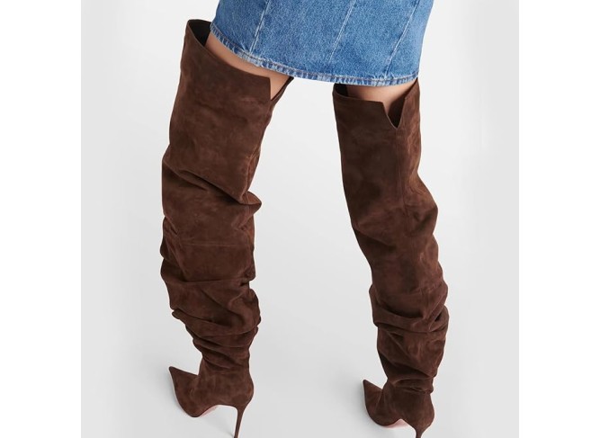 Women's Over The Knee Boots, Ladies Suede Pleats Thigh High Boots Stiletto Heel Pull On Large Tube Pointed Toe Long Boots 10 Cm/3.93 Inches, 41 EU,Brown