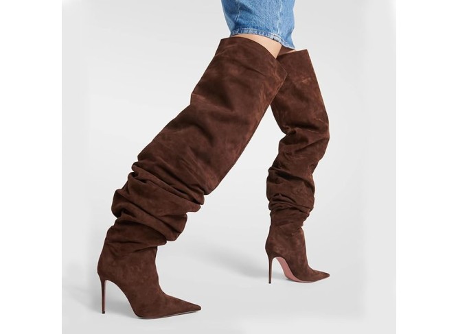 Women's Over The Knee Boots, Ladies Suede Pleats Thigh High Boots Stiletto Heel Pull On Large Tube Pointed Toe Long Boots 10 Cm/3.93 Inches, 41 EU,Brown