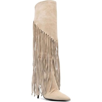 Stiletto Heel Knee High Fringe Boots for Women Sexy Pointed Toe High Heel Tall Boot Classic Pull On Tassel Knee High Boots Fashion Comfortable Dress Party Boots