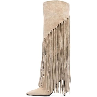 Stiletto Heel Knee High Fringe Boots for Women Sexy Pointed Toe High Heel Tall Boot Classic Pull On Tassel Knee High Boots Fashion Comfortable Dress Party Boots