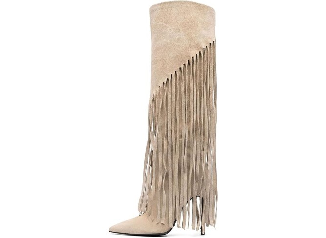 Stiletto Heel Knee High Fringe Boots for Women Sexy Pointed Toe High Heel Tall Boot Classic Pull On Tassel Knee High Boots Fashion Comfortable Dress Party Boots