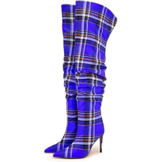 Womens Over The Knee Boots,Pointed Toe Stiletto Heel Slip On Knee High Boot,Plaid Design Pleated High Heels for Parties and Daily Life