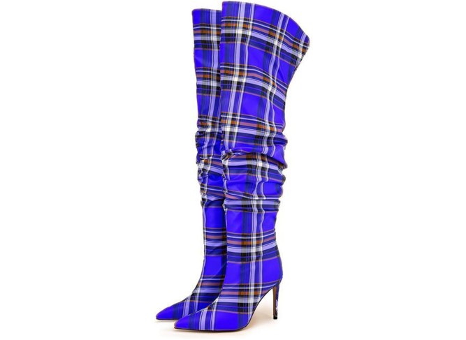 Womens Over The Knee Boots,Pointed Toe Stiletto Heel Slip On Knee High Boot,Plaid Design Pleated High Heels for Parties and Daily Life