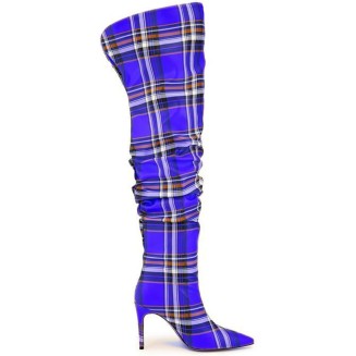 Womens Over The Knee Boots,Pointed Toe Stiletto Heel Slip On Knee High Boot,Plaid Design Pleated High Heels for Parties and Daily Life