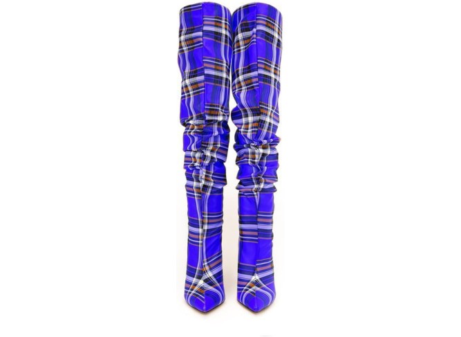 Womens Over The Knee Boots,Pointed Toe Stiletto Heel Slip On Knee High Boot,Plaid Design Pleated High Heels for Parties and Daily Life