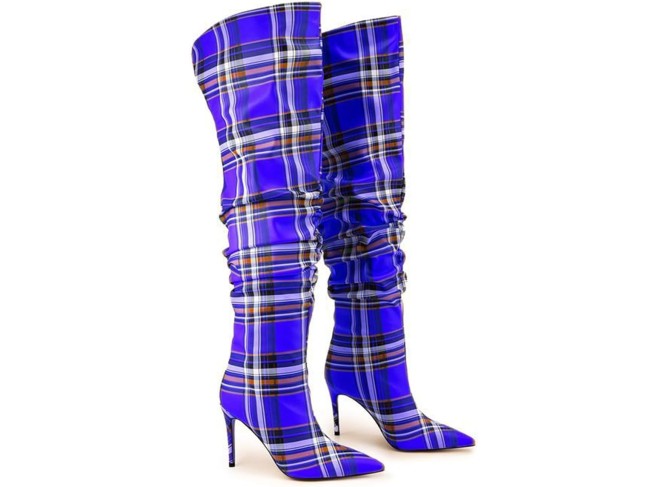 Womens Over The Knee Boots,Pointed Toe Stiletto Heel Slip On Knee High Boot,Plaid Design Pleated High Heels for Parties and Daily Life