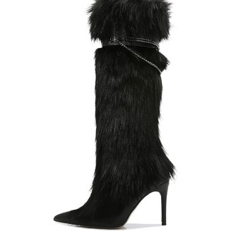Women's Knee High Boots Stiletto Ladies Furry Boot Pointed Toe Hight Heels Shoes Belt with Metal Chain Buckle Suitable for Festivals or Carnivals
