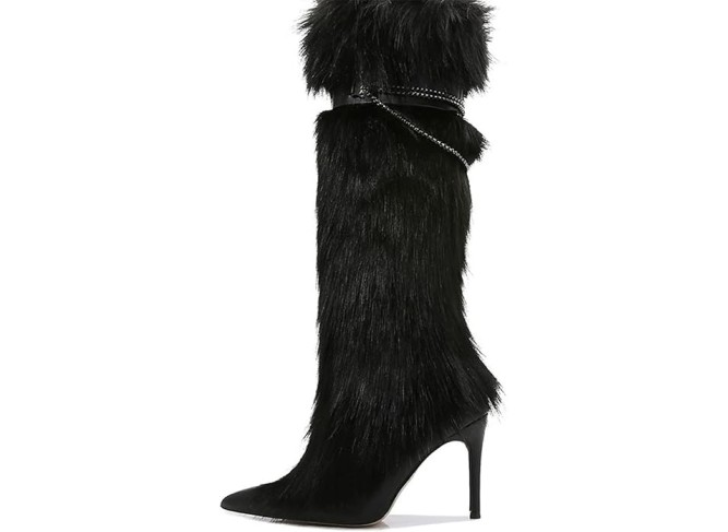 Women's Knee High Boots Stiletto Ladies Furry Boot Pointed Toe Hight Heels Shoes Belt with Metal Chain Buckle Suitable for Festivals or Carnivals