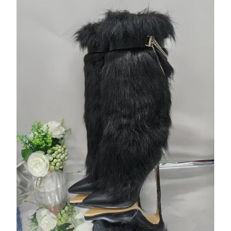Women's Knee High Boots Stiletto Ladies Furry Boot Pointed Toe Hight Heels Shoes Belt with Metal Chain Buckle Suitable for Festivals or Carnivals