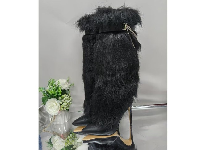 Women's Knee High Boots Stiletto Ladies Furry Boot Pointed Toe Hight Heels Shoes Belt with Metal Chain Buckle Suitable for Festivals or Carnivals