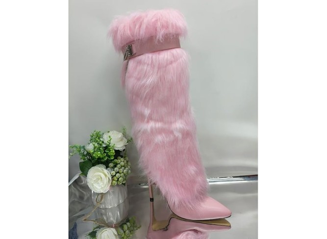 Women's Knee High Boots Stiletto Ladies Furry Boot Pointed Toe Hight Heels Shoes Belt with Metal Chain Buckle Suitable for Festivals or Carnivals