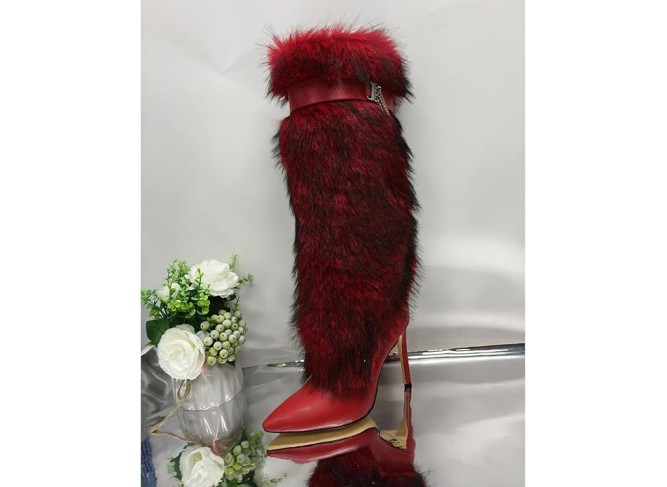 Women's Knee High Boots Stiletto Ladies Furry Boot Pointed Toe Hight Heels Shoes Belt with Metal Chain Buckle Suitable for Festivals or Carnivals