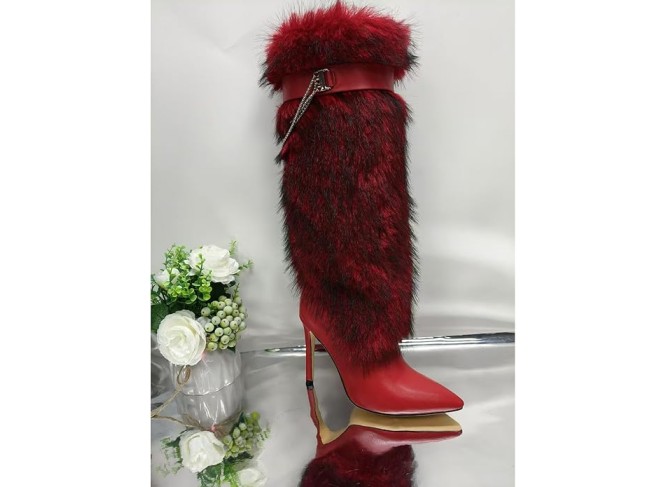 Women's Knee High Boots Stiletto Ladies Furry Boot Pointed Toe Hight Heels Shoes Belt with Metal Chain Buckle Suitable for Festivals or Carnivals
