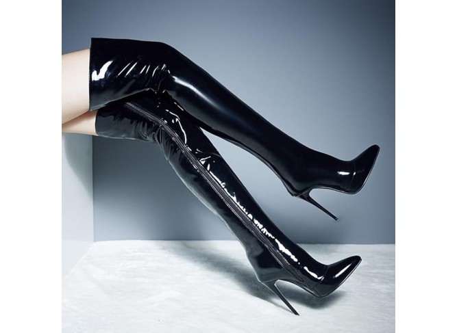 Women Pointed Toe Over the Knee Boots Patent Leather Knee-high Boots Thigh Boots High Boots Stiletto Heels Side Zipper Height 12CM