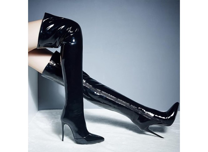 Women Pointed Toe Over the Knee Boots Patent Leather Knee-high Boots Thigh Boots High Boots Stiletto Heels Side Zipper Height 12CM