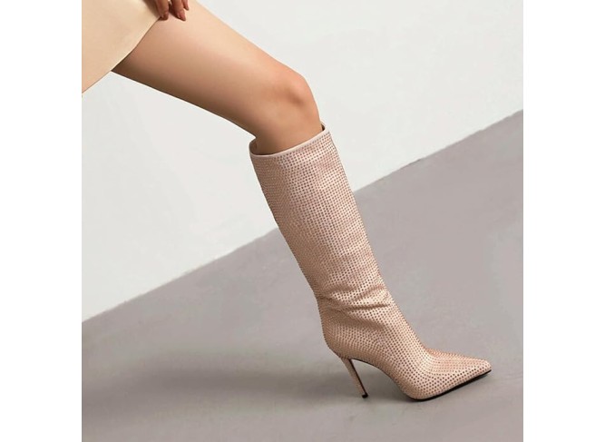 Rhinestones Knee-high Boots Women's Boots Pointed Toe Stiletto Heels High Boots High Heels Side Zipper Height 11CM