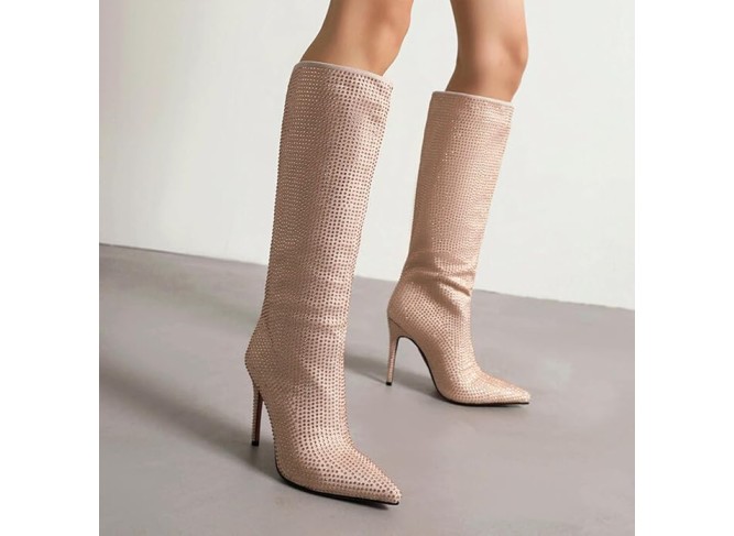 Rhinestones Knee-high Boots Women's Boots Pointed Toe Stiletto Heels High Boots High Heels Side Zipper Height 11CM
