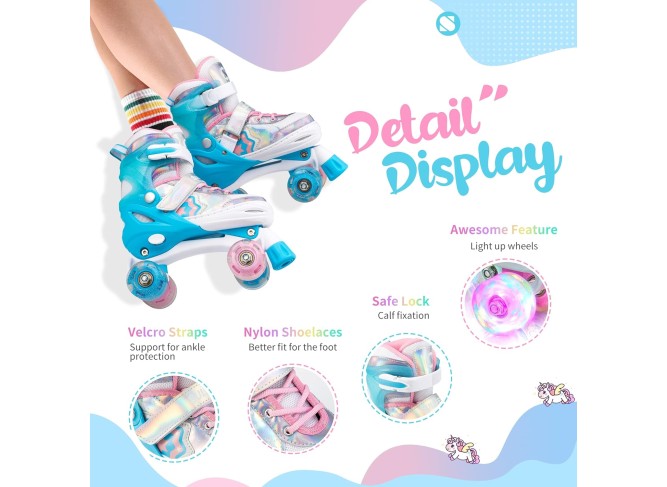 Rainbow Unicorn 4 Size Adjustable Light up Roller Skates