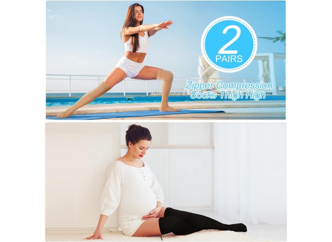 2 Pairs Zipper Compression Socks Thigh High 20-30 mmHg Compression Socks