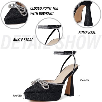 Womens Rhinestones Bow Knot Platform Heeled Sandals Ankle Strap Pointed Toe Stiletto High Heels