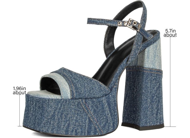 Platform Heels for Women Denim Chunky High Heel Sandals Peep Open Toe Ankle Buckle Strap Backless Heel