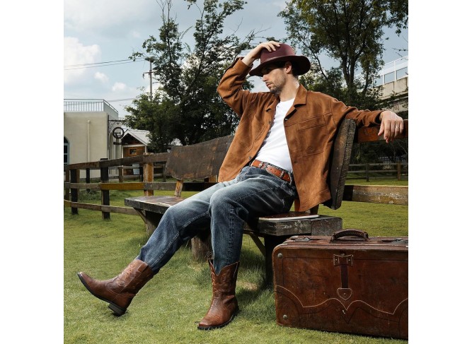 Cowboy Boots for Men - Men's Western Boots With Embroidered, Slip Resistant Square Toe Chunky Heel Ankle Boots