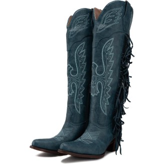 Cowgirl Fringe Boots for Women Pointed Toe Mid Calf Western Knee High Cowboy Boots Classic Embroidery Tassel Boots