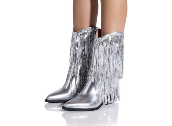 Women's Metallic Western Cowboy Boots Fringe Cowgirl Mid-Calf Boots Pointed Toe Chunky Heel