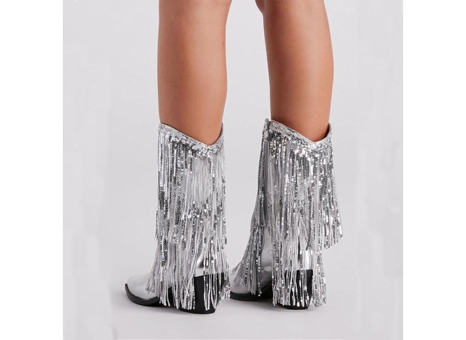 Women's Metallic Western Cowboy Boots Fringe Cowgirl Mid-Calf Boots Pointed Toe Chunky Heel